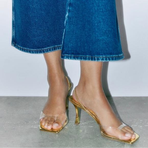 Gold& clear slide on heeled sandals - Picture 5 of 6